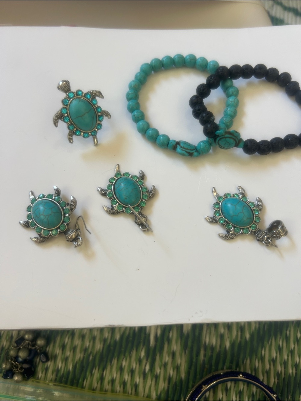 Turquoise Turtle Charm Bracelet Set - Turquoise Blue Green